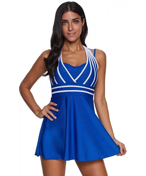 Bottoms Womens Halter Swimdress Plus Size Two Piece Swimsuit Push Up Tankini Set S-5XL - Blue - CB194UQL5WM