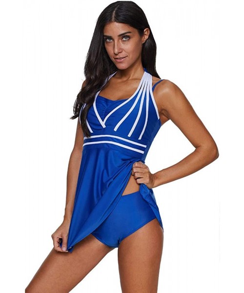 Bottoms Womens Halter Swimdress Plus Size Two Piece Swimsuit Push Up Tankini Set S-5XL - Blue - CB194UQL5WM