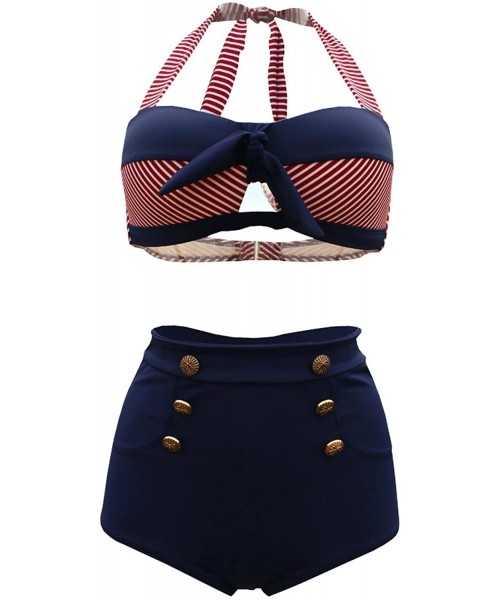 Sets Nautical Sailor High Waisted Pin Up Bandeau Swimsuit Bathing Suit - Navy - CD17YGEH07C