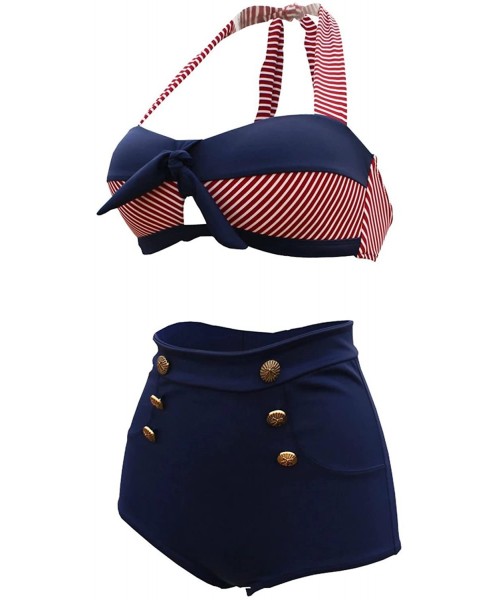 Sets Nautical Sailor High Waisted Pin Up Bandeau Swimsuit Bathing Suit - Navy - CD17YGEH07C