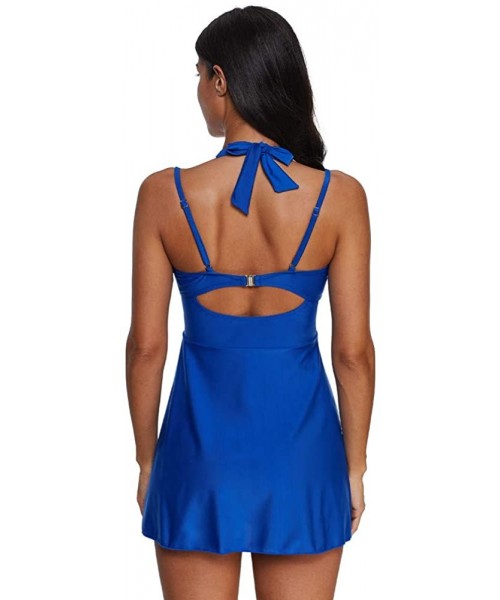 Bottoms Womens Halter Swimdress Plus Size Two Piece Swimsuit Push Up Tankini Set S-5XL - Blue - CB194UQL5WM