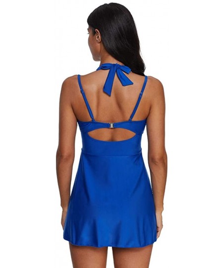 Bottoms Womens Halter Swimdress Plus Size Two Piece Swimsuit Push Up Tankini Set S-5XL - Blue - CB194UQL5WM