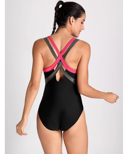 Racing Women's One Piece Dual Crossback Athletic Training Swimsuit - Black - CM12NSIQZBB