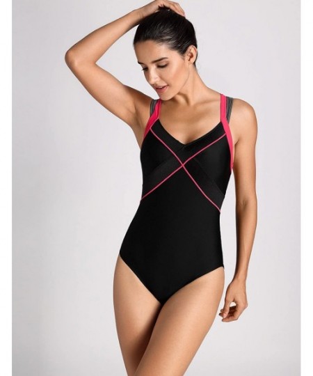 Racing Women's One Piece Dual Crossback Athletic Training Swimsuit - Black - CM12NSIQZBB