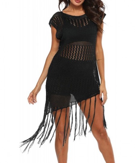 Cover-Ups Women's Sexy Handmade Crochet Bikini Swimsuit Cover Hollow Out Tassels Beach Dress - Black3 - CG196H8O38Q