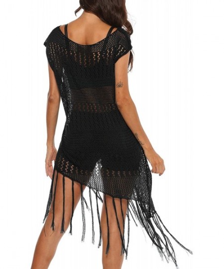 Cover-Ups Women's Sexy Handmade Crochet Bikini Swimsuit Cover Hollow Out Tassels Beach Dress - Black3 - CG196H8O38Q