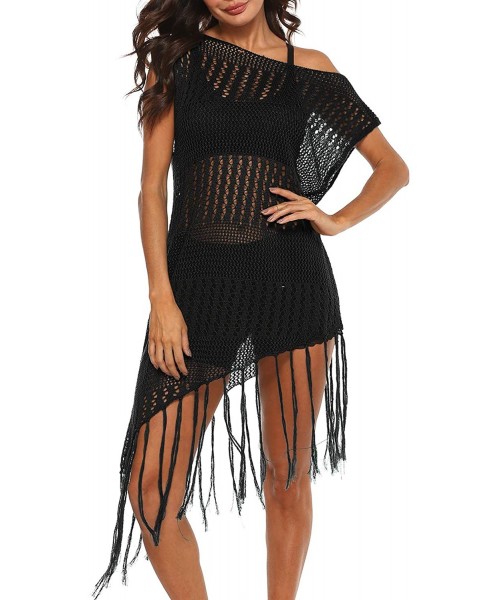 Cover-Ups Women's Sexy Handmade Crochet Bikini Swimsuit Cover Hollow Out Tassels Beach Dress - Black3 - CG196H8O38Q