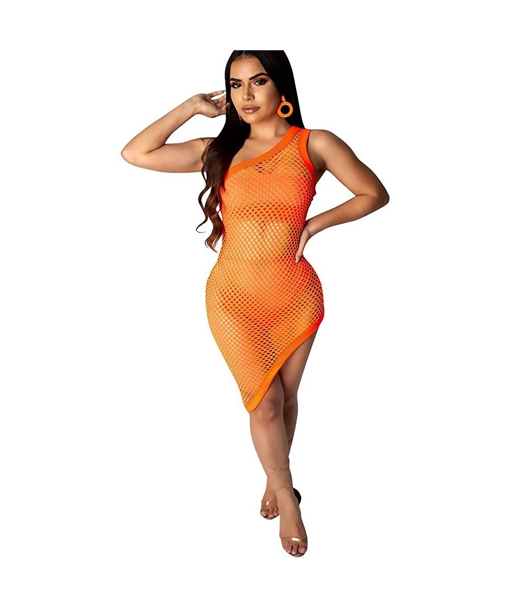 Cover-Ups 3 Pieces Swimwear for Women Bandeau Top + Bikini Bottom + Mesh See Through Cover Up Dress - 2 Orange - CR18R0Z4QT3