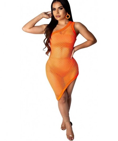 Cover-Ups 3 Pieces Swimwear for Women Bandeau Top + Bikini Bottom + Mesh See Through Cover Up Dress - 2 Orange - CR18R0Z4QT3