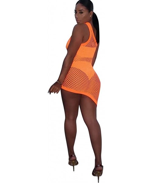 Cover-Ups 3 Pieces Swimwear for Women Bandeau Top + Bikini Bottom + Mesh See Through Cover Up Dress - 2 Orange - CR18R0Z4QT3