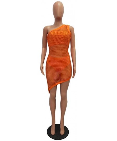 Cover-Ups 3 Pieces Swimwear for Women Bandeau Top + Bikini Bottom + Mesh See Through Cover Up Dress - 2 Orange - CR18R0Z4QT3