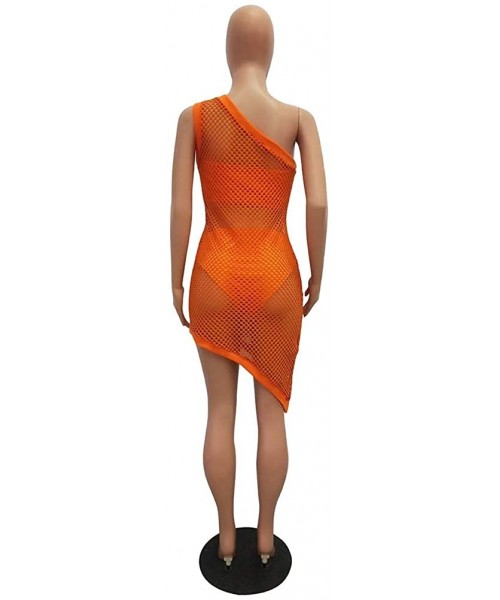 Cover-Ups 3 Pieces Swimwear for Women Bandeau Top + Bikini Bottom + Mesh See Through Cover Up Dress - 2 Orange - CR18R0Z4QT3