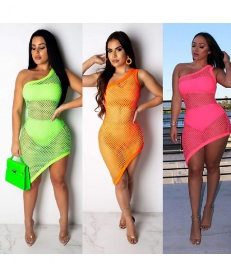 Cover-Ups 3 Pieces Swimwear for Women Bandeau Top + Bikini Bottom + Mesh See Through Cover Up Dress - 2 Orange - CR18R0Z4QT3