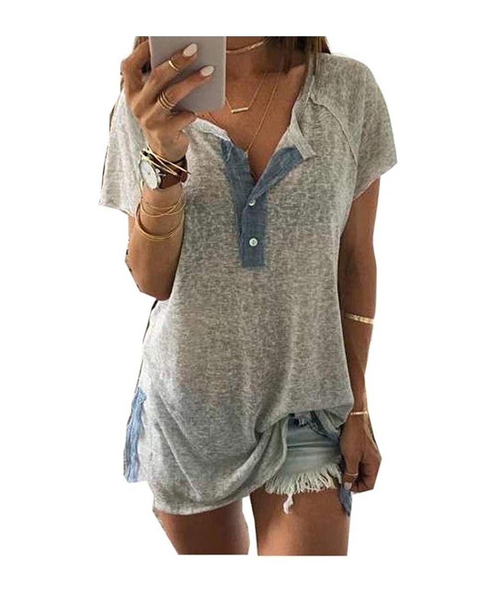 Cover-Ups Women Short Sleeve Loose Casual Button Blouse V Neck T Shirt Tank Tops - Gray - CA18DKN2KOO