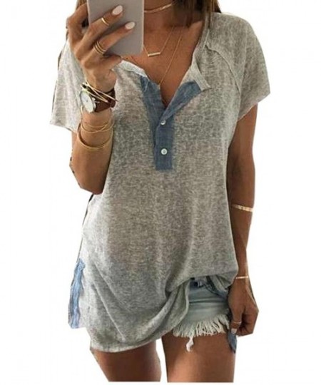 Cover-Ups Women Short Sleeve Loose Casual Button Blouse V Neck T Shirt Tank Tops - Gray - CA18DKN2KOO