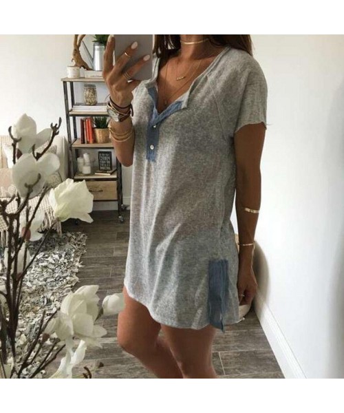 Cover-Ups Women Short Sleeve Loose Casual Button Blouse V Neck T Shirt Tank Tops - Gray - CA18DKN2KOO