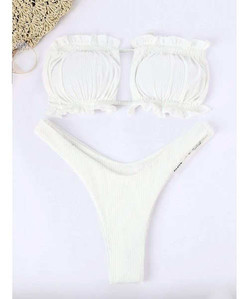 Sets Women Push Up Two-Piece Strapless Ribbed High Cut Bandeau Ruffle Cutout Bikini Set - White - C61986HYNT5