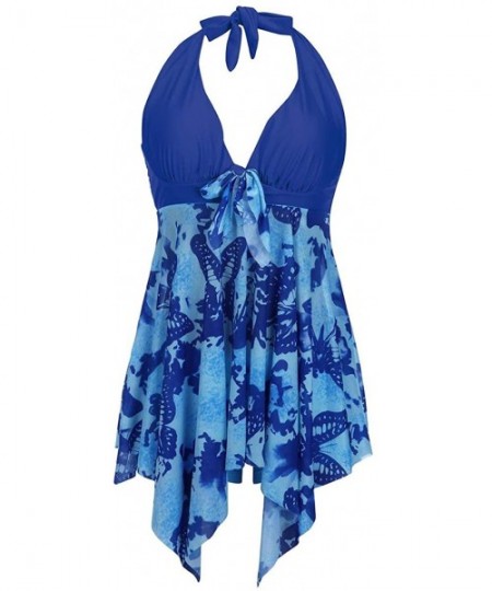 Sets Women's Two Piece Halter V Neck Swimsuit Printed Tankini Sets Split Skirt Swimwear Sapphire Blue L - CX18RI58DNM