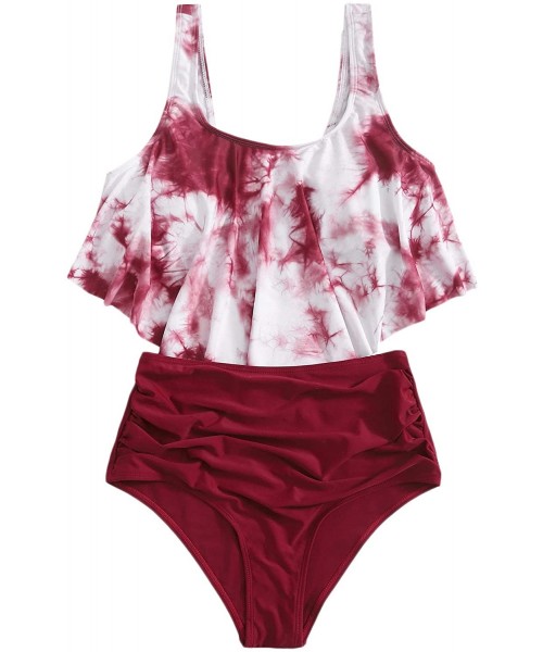 Sets Women's High Waisted Swimsuit Flounce Swimwear Two Piece Bikini Set - 1 Burgundy - CN19EIEZ6HT