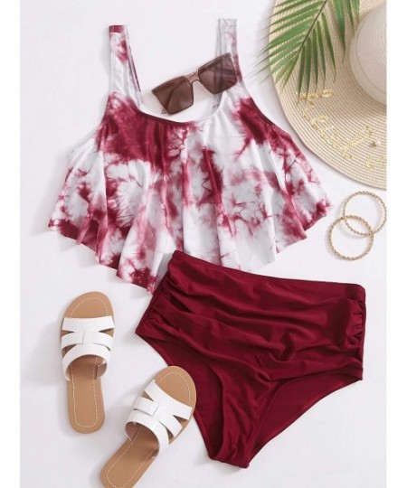 Sets Women's High Waisted Swimsuit Flounce Swimwear Two Piece Bikini Set - 1 Burgundy - CN19EIEZ6HT