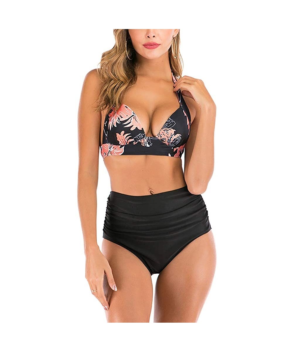 Sets Bikini Swimsuits for Women High Waisted Swimwear Two Piece Bathing Suits Set - Floral Black - CS194LMWENY