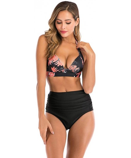 Sets Bikini Swimsuits for Women High Waisted Swimwear Two Piece Bathing Suits Set - Floral Black - CS194LMWENY