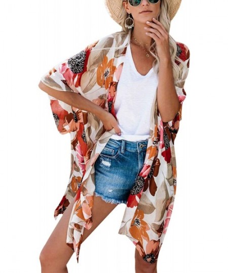 Cover-Ups Women Floral Kimono Robe Sheer Chiffon Cardigan 3/4 Sleeve Cover Up Long Blouse Outwear - Sun Flower - CX194XSD4W9