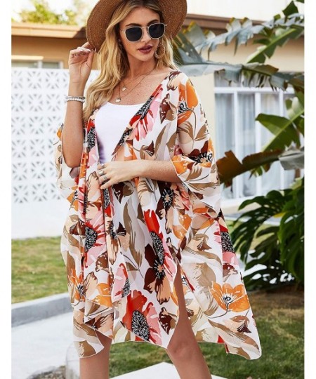 Cover-Ups Women Floral Kimono Robe Sheer Chiffon Cardigan 3/4 Sleeve Cover Up Long Blouse Outwear - Sun Flower - CX194XSD4W9