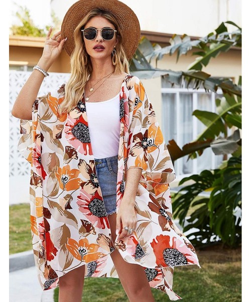 Cover-Ups Women Floral Kimono Robe Sheer Chiffon Cardigan 3/4 Sleeve Cover Up Long Blouse Outwear - Sun Flower - CX194XSD4W9