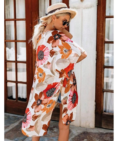 Cover-Ups Women Floral Kimono Robe Sheer Chiffon Cardigan 3/4 Sleeve Cover Up Long Blouse Outwear - Sun Flower - CX194XSD4W9