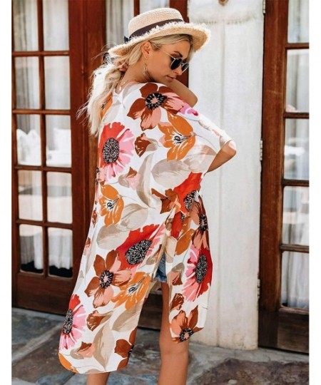 Cover-Ups Women Floral Kimono Robe Sheer Chiffon Cardigan 3/4 Sleeve Cover Up Long Blouse Outwear - Sun Flower - CX194XSD4W9