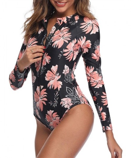 Rash Guards Women Rash Guard Long Sleeve One Piece with Zipper Surfing Bathing Suit Swimsuit UPF 50 - Pink Floral - CZ18X3WOSCD