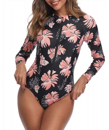 Rash Guards Women Rash Guard Long Sleeve One Piece with Zipper Surfing Bathing Suit Swimsuit UPF 50 - Pink Floral - CZ18X3WOSCD