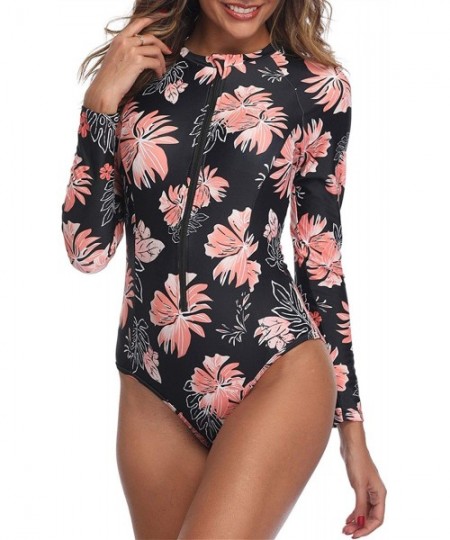 Rash Guards Women Rash Guard Long Sleeve One Piece with Zipper Surfing Bathing Suit Swimsuit UPF 50 - Pink Floral - CZ18X3WOSCD