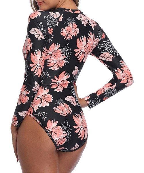 Rash Guards Women Rash Guard Long Sleeve One Piece with Zipper Surfing Bathing Suit Swimsuit UPF 50 - Pink Floral - CZ18X3WOSCD