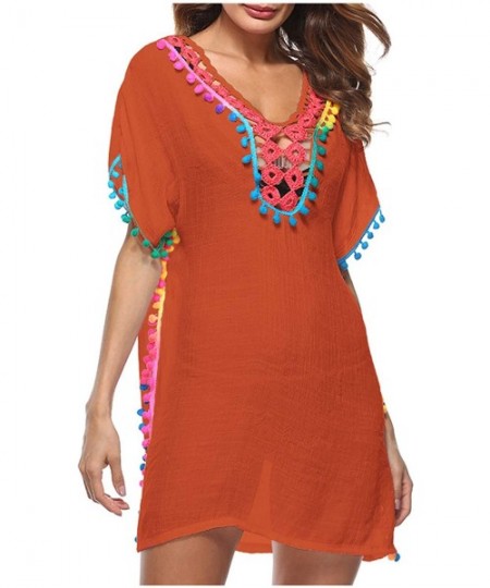 Cover-Ups Womens Swimwear Cover up Swim Suit Beach Bikini Coverups Stripe Printing Hollow Out - Printing Bohemia Orange - C31...