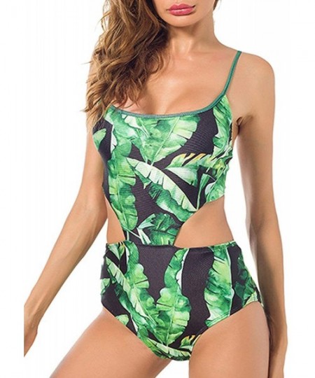 One-Pieces Women One Piece Swimsuit Fashion High Neck Floral Printed Cut Out Backless Bathing Suits - C-green - CJ18U2R3AR8