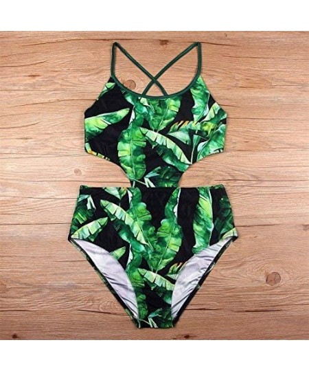 One-Pieces Women One Piece Swimsuit Fashion High Neck Floral Printed Cut Out Backless Bathing Suits - C-green - CJ18U2R3AR8