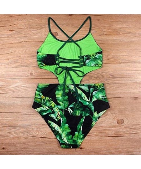 One-Pieces Women One Piece Swimsuit Fashion High Neck Floral Printed Cut Out Backless Bathing Suits - C-green - CJ18U2R3AR8