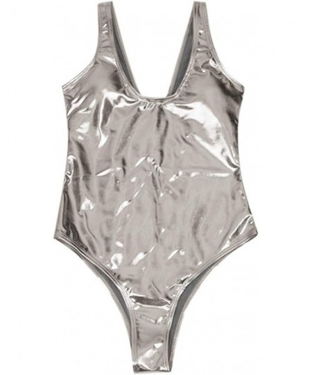 Cover-Ups Bikini Women Shiny Metallic Two One Piece Swimsuits Bikini Bathing Suit Vest Jumpsuit - Silver - CX1952DMRKH