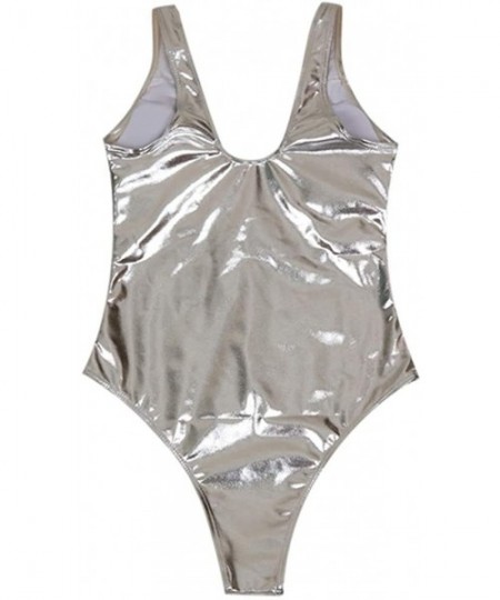 Cover-Ups Bikini Women Shiny Metallic Two One Piece Swimsuits Bikini Bathing Suit Vest Jumpsuit - Silver - CX1952DMRKH