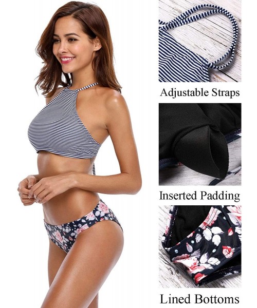 Sets Womens Floral Striped Halter High Neck Bikini Swimsuit Set Cross Back - Stripe - CA18EYEX4Y7