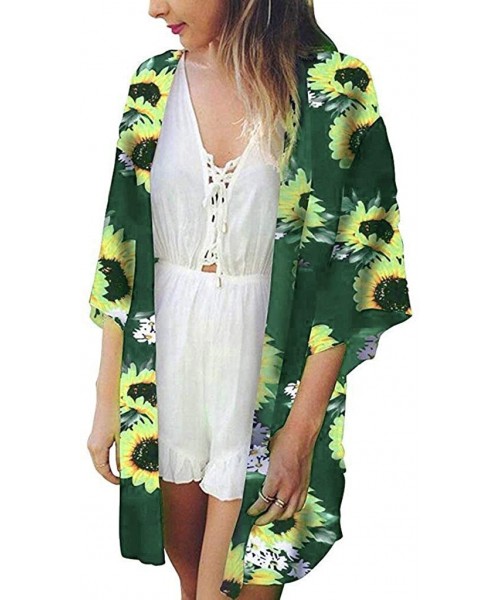 Cover-Ups Women Kimono Beach Tops Sunflower Print Swimwear Cardigan Swimsuit Bikini Cover Up - Green - C518WSMICO6