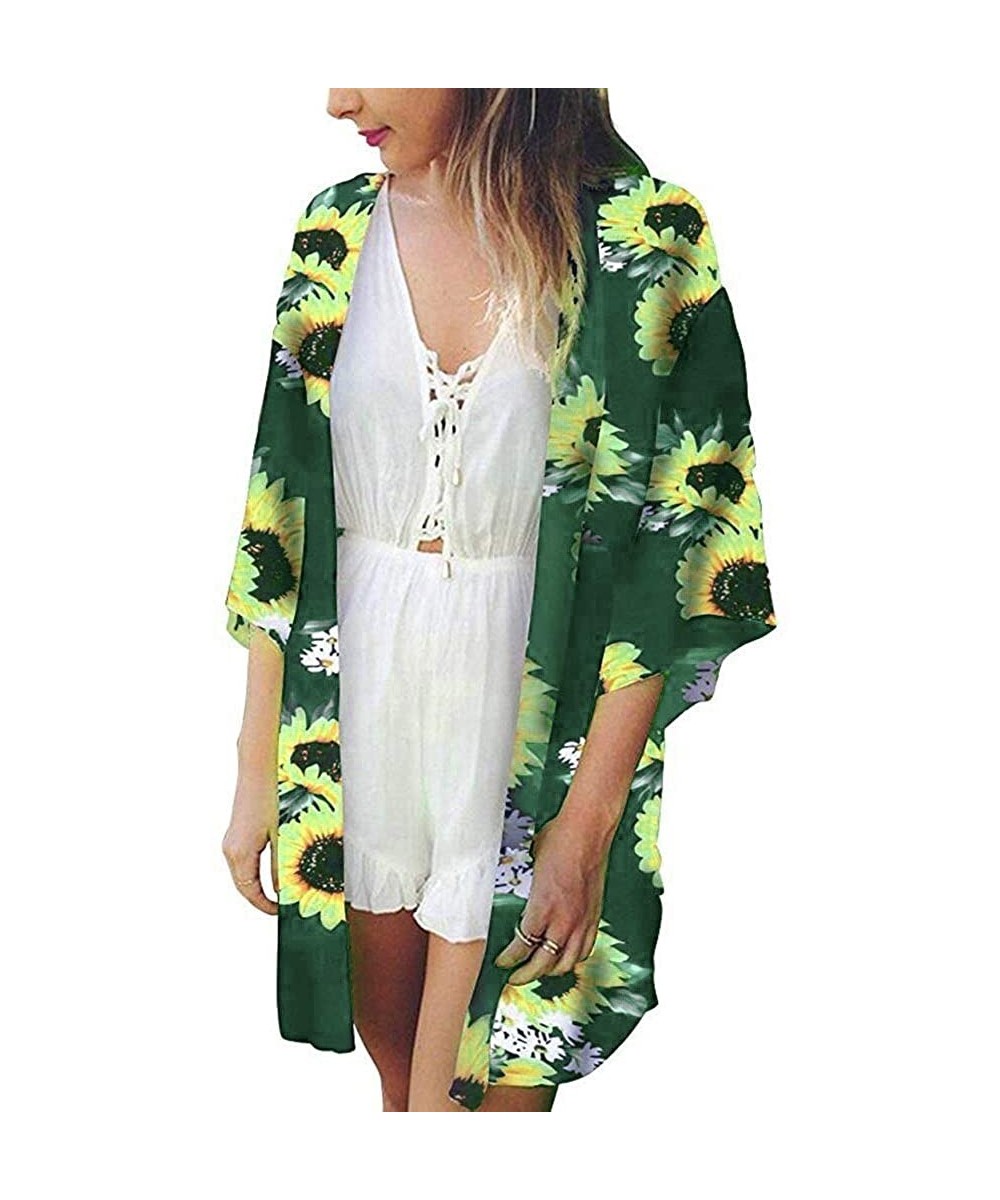 Cover-Ups Women Kimono Beach Tops Sunflower Print Swimwear Cardigan Swimsuit Bikini Cover Up - Green - C518WSMICO6