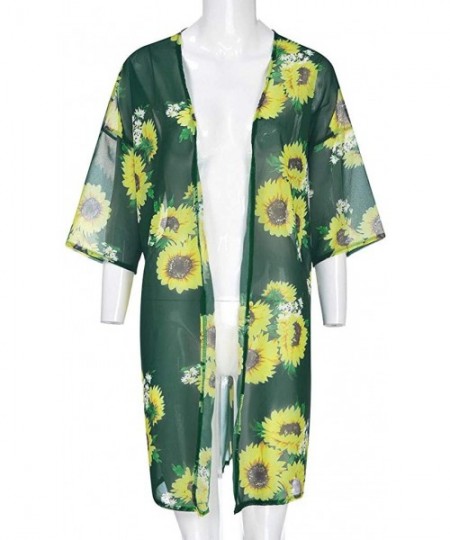 Cover-Ups Women Kimono Beach Tops Sunflower Print Swimwear Cardigan Swimsuit Bikini Cover Up - Green - C518WSMICO6