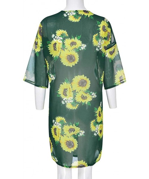 Cover-Ups Women Kimono Beach Tops Sunflower Print Swimwear Cardigan Swimsuit Bikini Cover Up - Green - C518WSMICO6