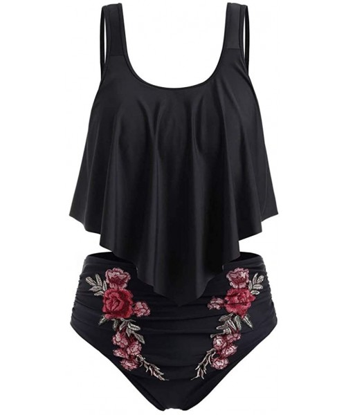 Tankinis Women Swimsuit Set Female Ruffled Plus Size High Waist Rose Embroidery Tummy Control Tankini Swimwear Set - Black - ...