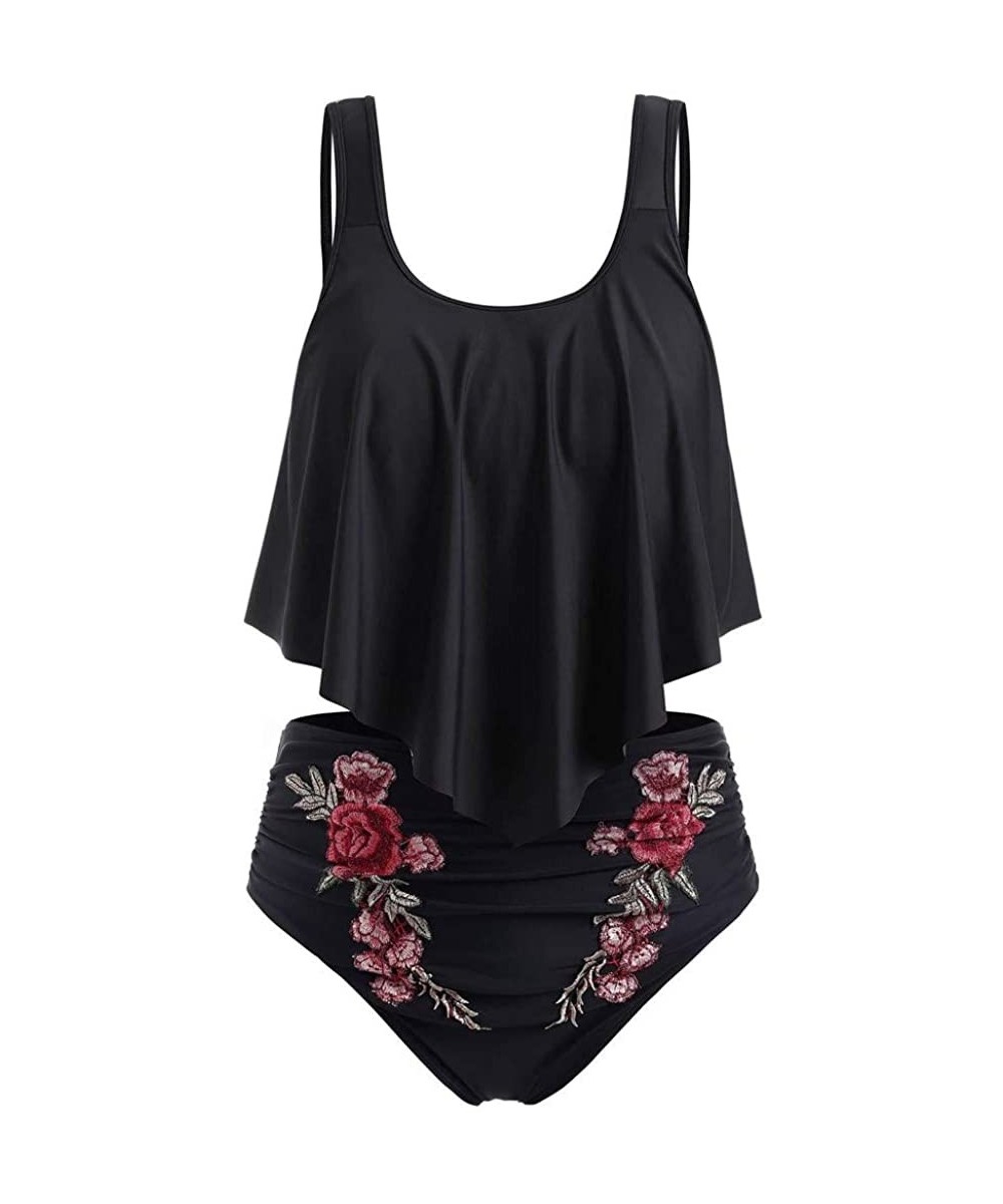 Tankinis Women Swimsuit Set Female Ruffled Plus Size High Waist Rose Embroidery Tummy Control Tankini Swimwear Set - Black - ...