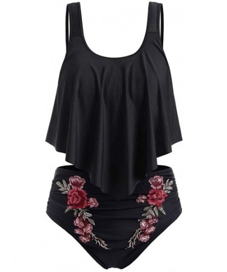 Tankinis Women Swimsuit Set Female Ruffled Plus Size High Waist Rose Embroidery Tummy Control Tankini Swimwear Set - Black - ...