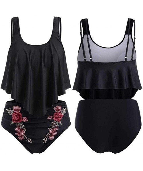 Tankinis Women Swimsuit Set Female Ruffled Plus Size High Waist Rose Embroidery Tummy Control Tankini Swimwear Set - Black - ...